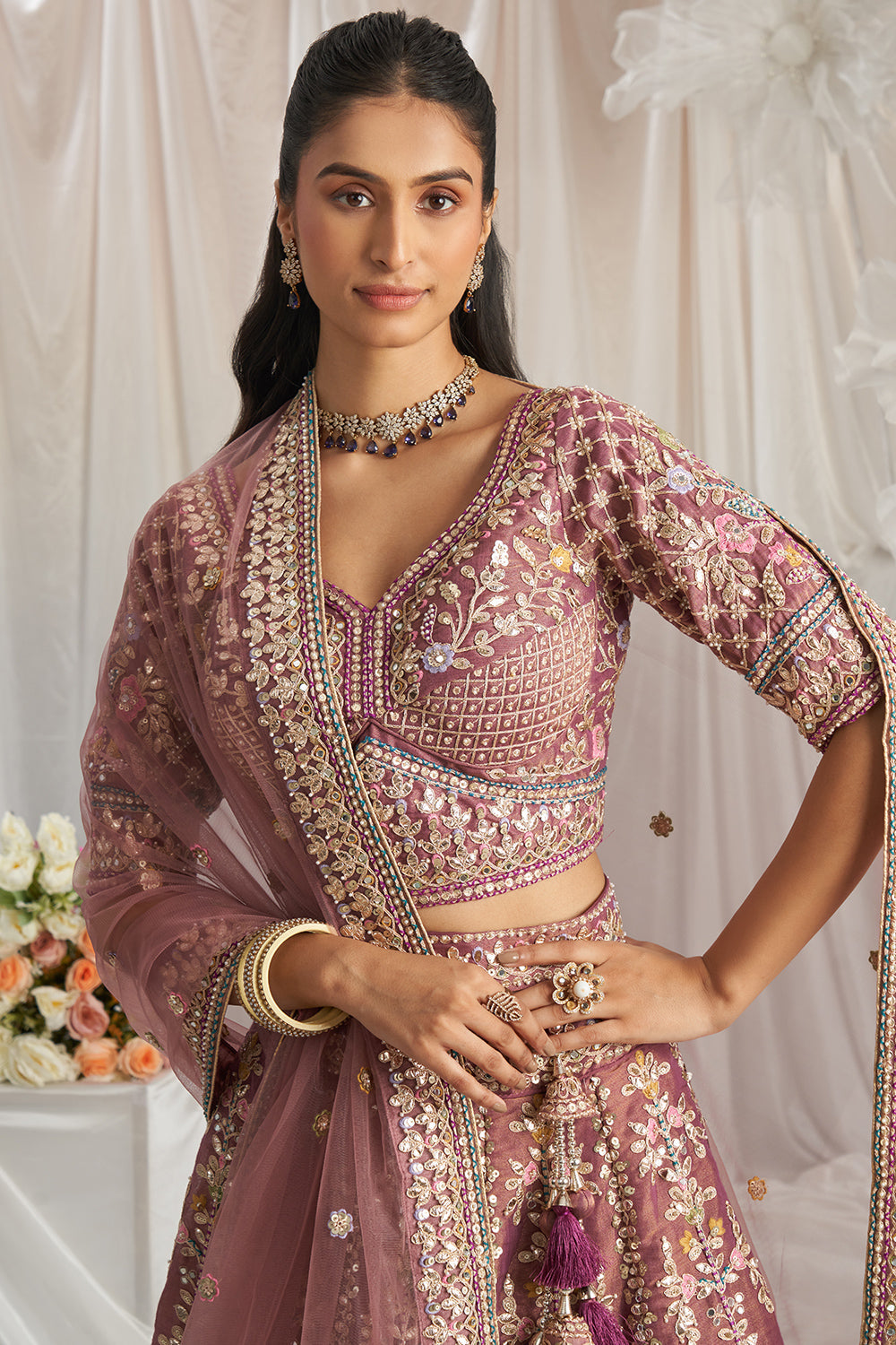 Mauve Pink Embroidered Tissue Lehenga - View 2