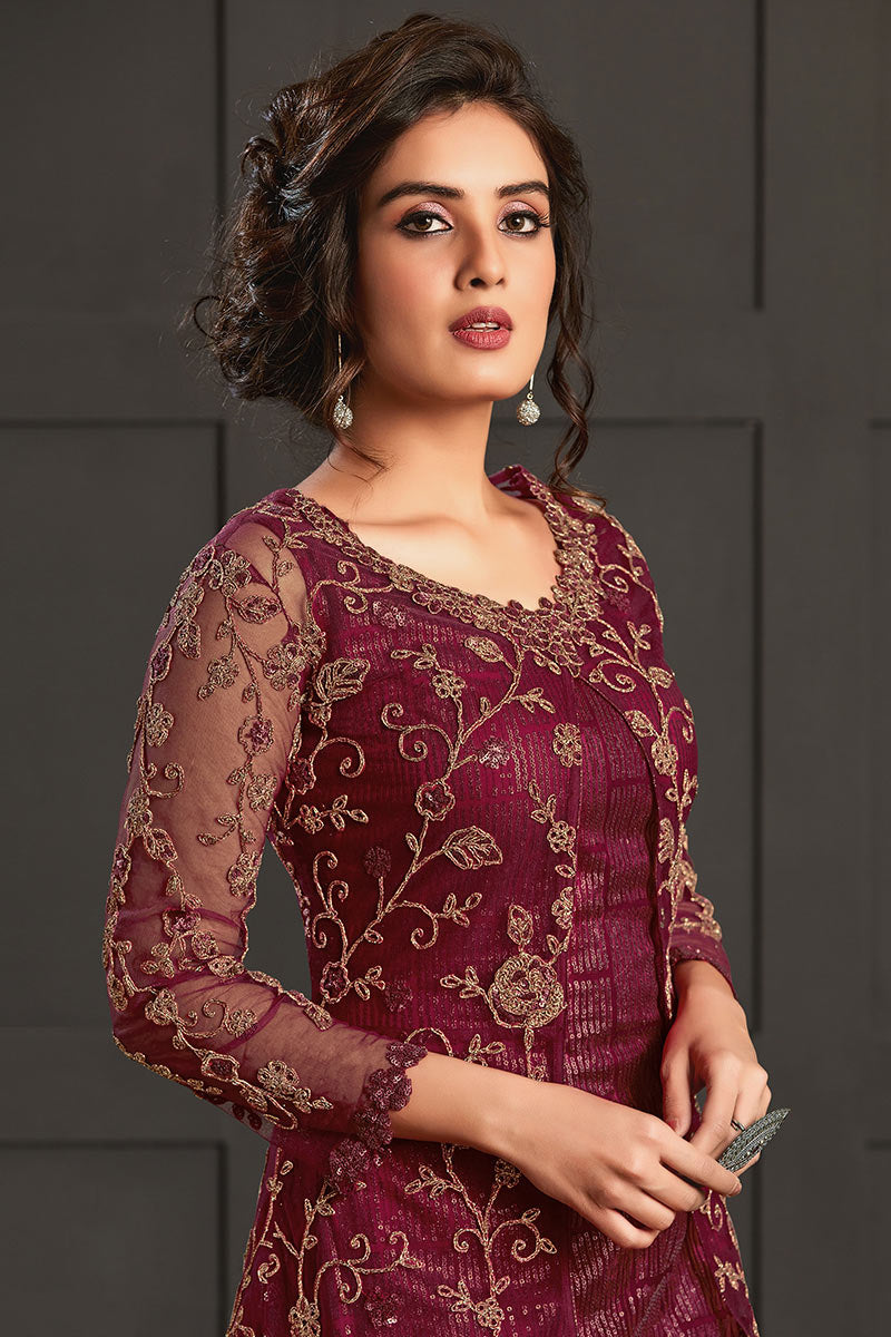 Light Maroon Embroidered Trouser Suit - View 2