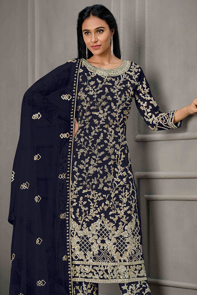 Navy Blue Sequin Embroidered Trouser Suit