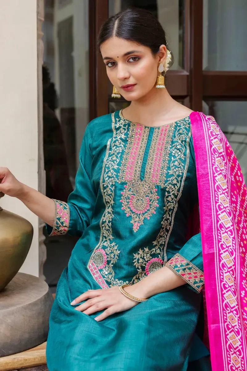 Embroidered Silk Blend Kurta Set - View 2