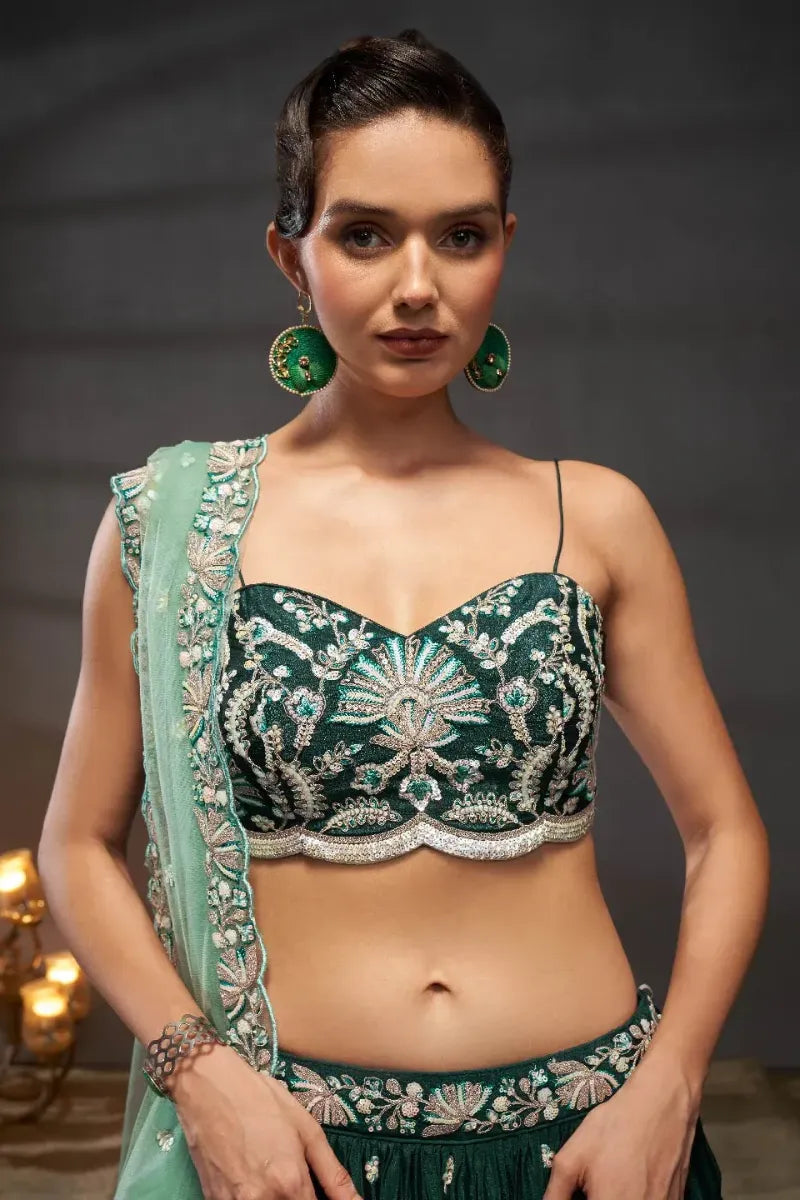 Green Embroidered Lehenga Set - View 2